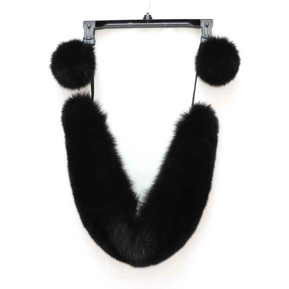 Black Mink Fur Scarf Collar with Pom Poms warm cozy soft Lola & Max Toni Plus